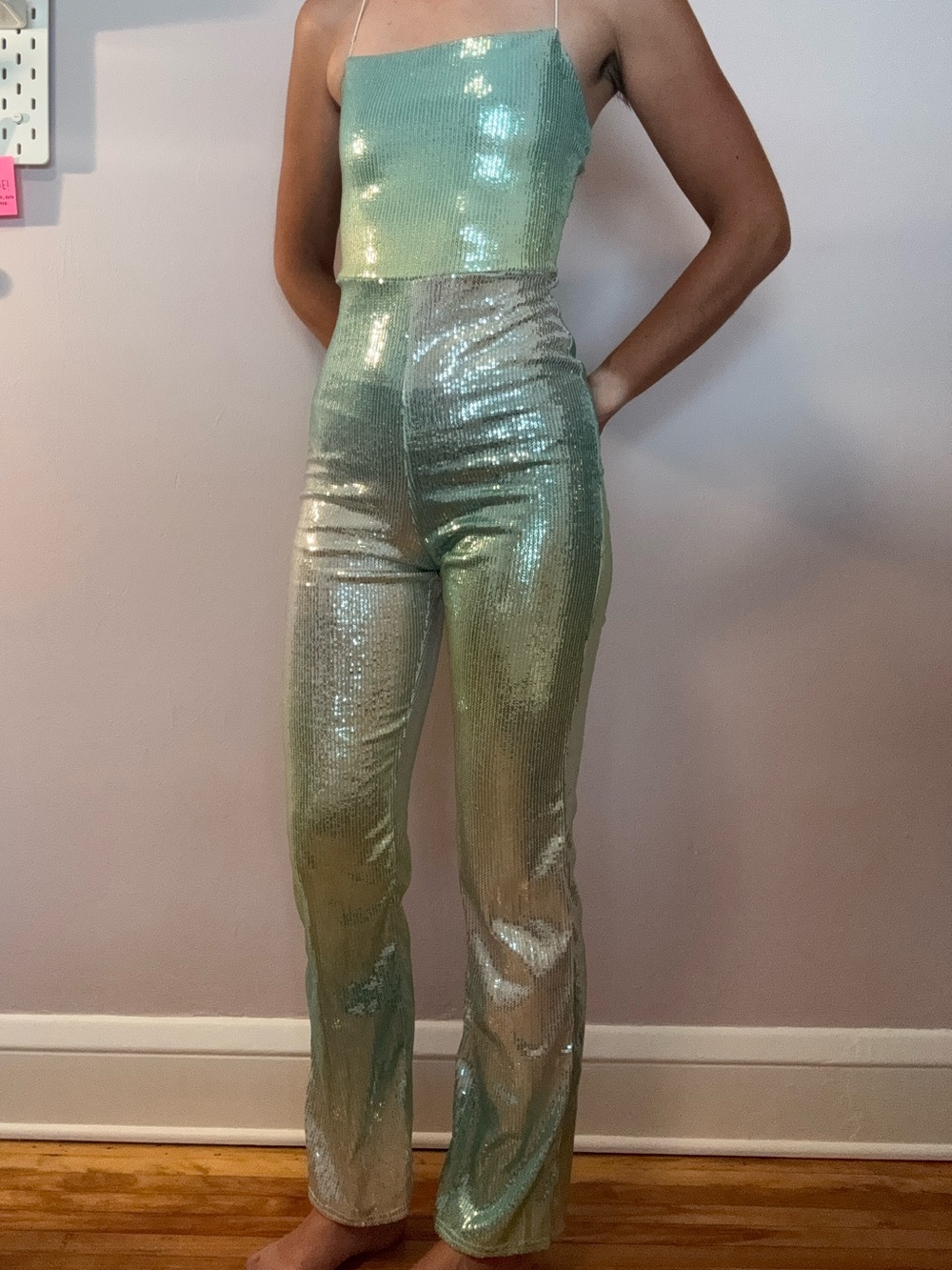Nasty Gal Ombré Mint Green Sequin Spaghetti-Strap Halter Neck Jumpsuit - Picture 3 of 8
